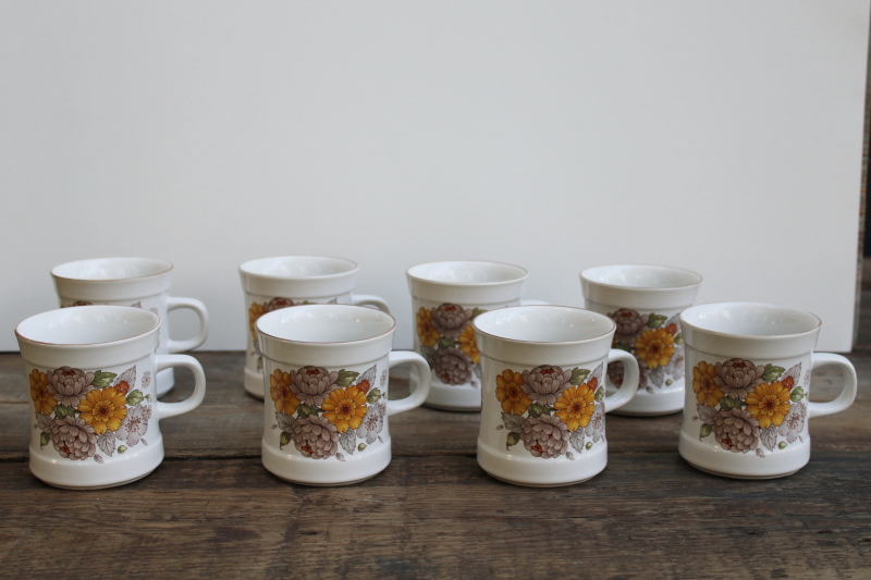 photo of Autumn bouquet set of 8 vintage Carico Japan casual stoneware china mugs fall floral print dishes #1