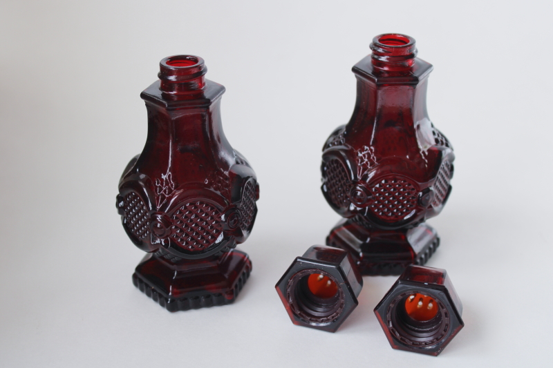 photo of Avon Cape Cod vintage ruby red glass pair S&P shakers w/ plastic lids, clean empty Avon bottles  #2