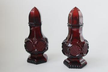 Avon Cape Cod vintage ruby red glass pair S&P shakers w/ plastic lids, clean empty Avon bottles 