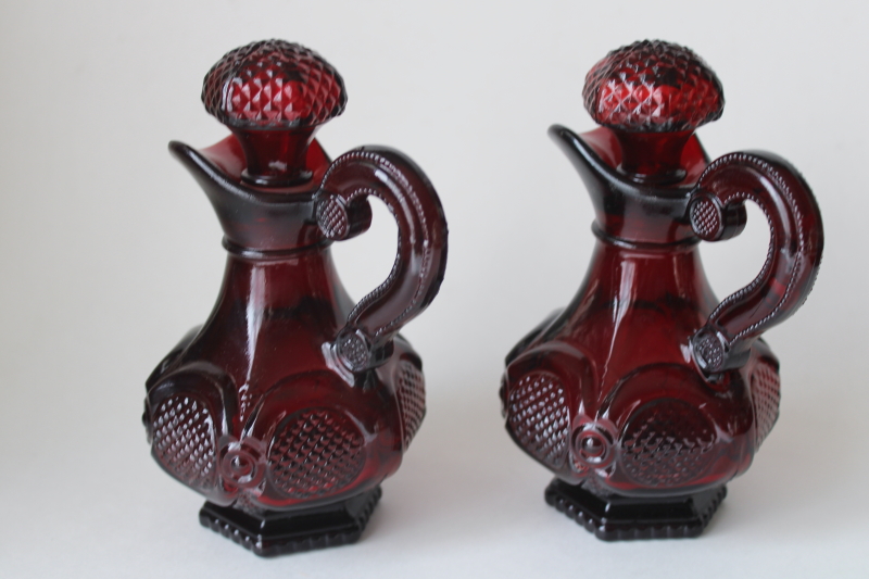 photo of Avon Cape Cod vintage ruby red glass pair of cruets w/ stoppers, clean empty Avon bottles  #2