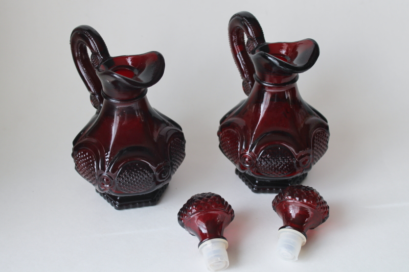 photo of Avon Cape Cod vintage ruby red glass pair of cruets w/ stoppers, clean empty Avon bottles  #3