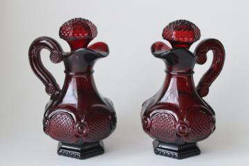 catalog photo of Avon Cape Cod vintage ruby red glass pair of cruets w/ stoppers, clean empty Avon bottles 