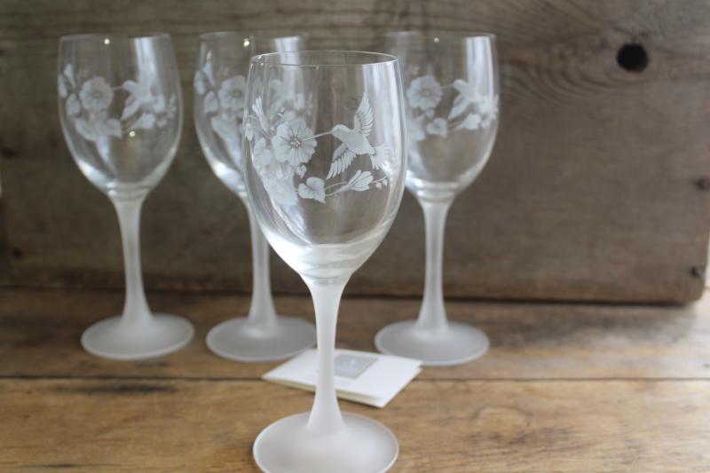 photo of Avon Hummingbird etched crystal wine glasses w/ frosted stems, made in France 80s 90s vintage #1