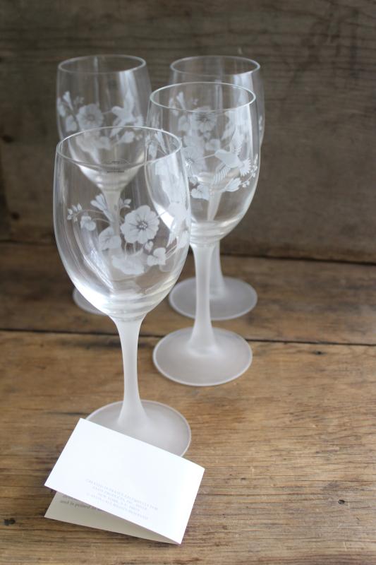 photo of Avon Hummingbird etched crystal wine glasses w/ frosted stems, made in France 80s 90s vintage #6