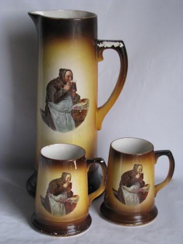 photo of Avon Ware - England vintage pottery, ironstone tall pitcher & beer steins w/ friar #1