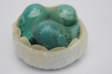 catalog photo of Avon milk glass nest soap dish w/ bluebird guest soaps, vintage sealed love birds nest set