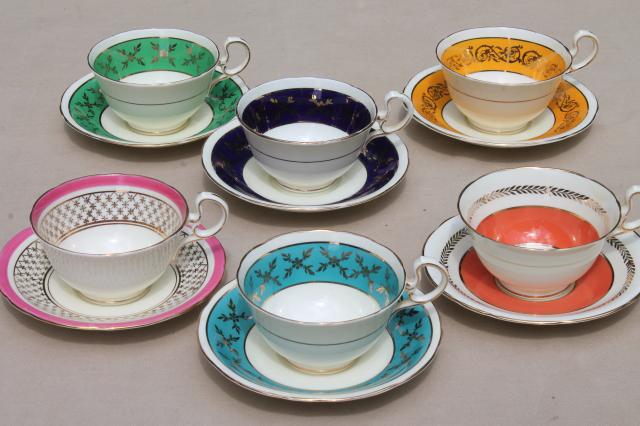photo of Aynsley English bone china teacups & saucers w/ colored bands, 6 vintage tea cup sets #9