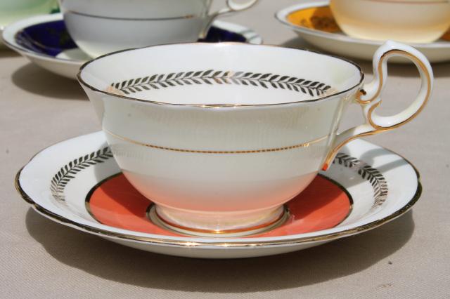 photo of Aynsley English bone china teacups & saucers w/ colored bands, 6 vintage tea cup sets #10
