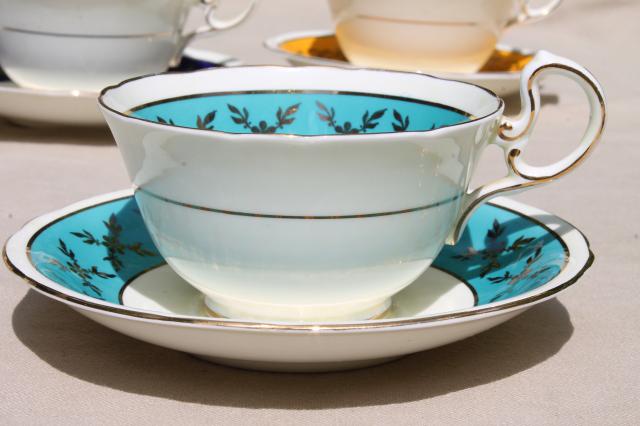 photo of Aynsley English bone china teacups & saucers w/ colored bands, 6 vintage tea cup sets #12