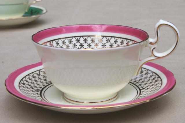 photo of Aynsley English bone china teacups & saucers w/ colored bands, 6 vintage tea cup sets #16
