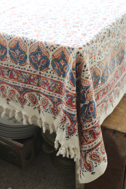 photo of Aziz Atrian Esfahan Iran ghalamkar fringed paisley block print cotton fabric tablecloth  #4