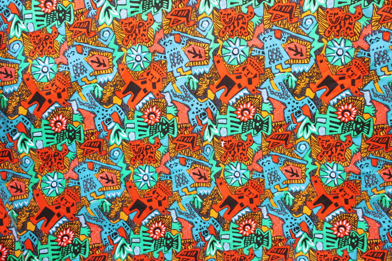 photo of Aztec Mayan style art print cotton fabric bright colorful ethnic design figures w/ sun #1