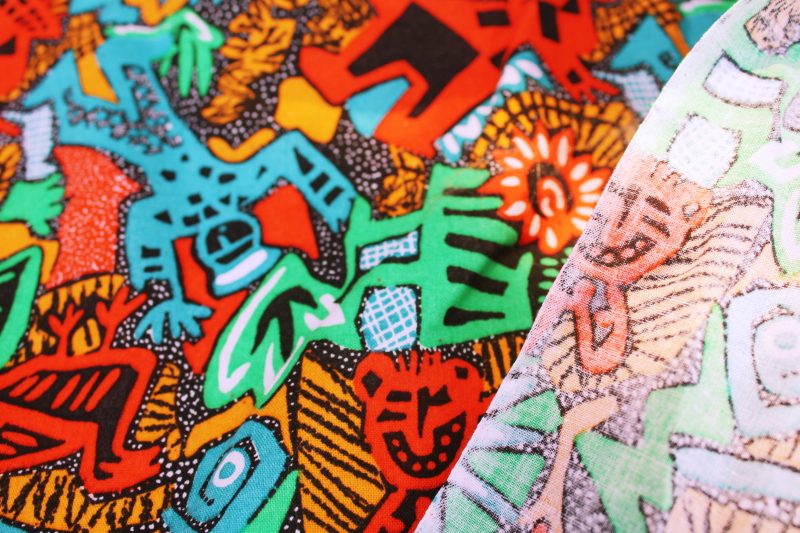 photo of Aztec Mayan style art print cotton fabric bright colorful ethnic design figures w/ sun #3