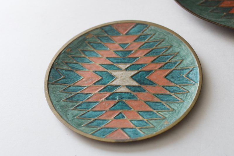 photo of Aztec pattern vintage enameled brass tray trinket dishes, southwest colors turquoise & coral  #2