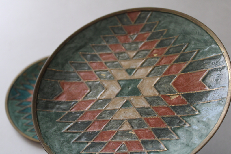 photo of Aztec pattern vintage enameled brass tray trinket dishes, southwest colors turquoise & coral  #3