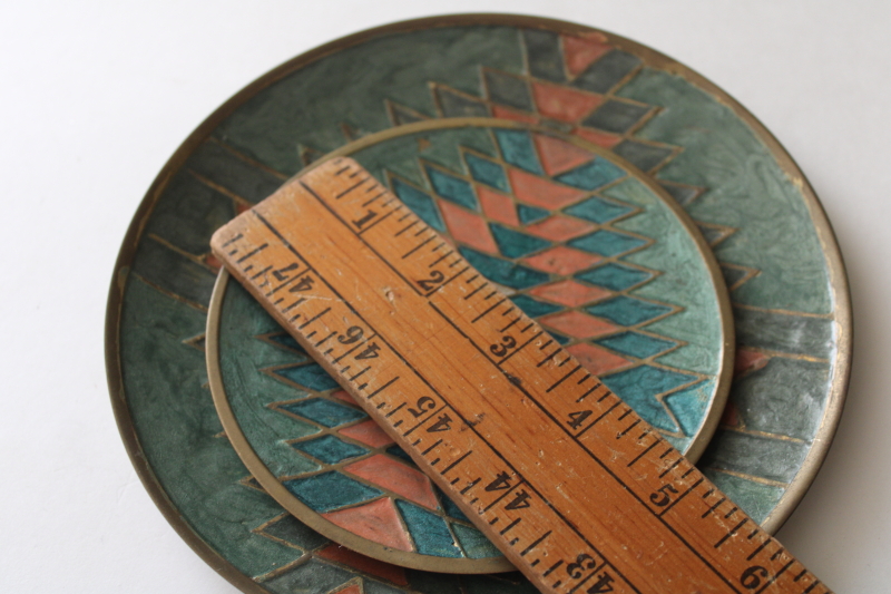 photo of Aztec pattern vintage enameled brass tray trinket dishes, southwest colors turquoise & coral  #6