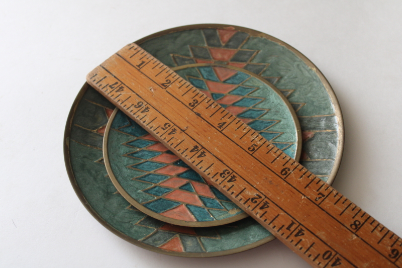 photo of Aztec pattern vintage enameled brass tray trinket dishes, southwest colors turquoise & coral  #7