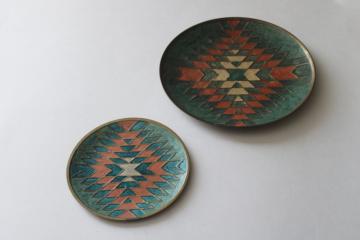 catalog photo of Aztec pattern vintage enameled brass tray trinket dishes, southwest colors turquoise & coral 