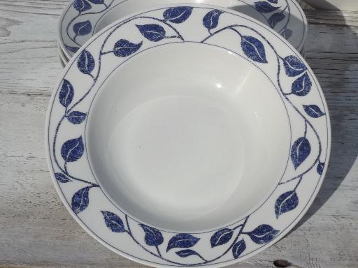 photo of Azure blue Pearl white china soup bowls, blue and white leaf border #2