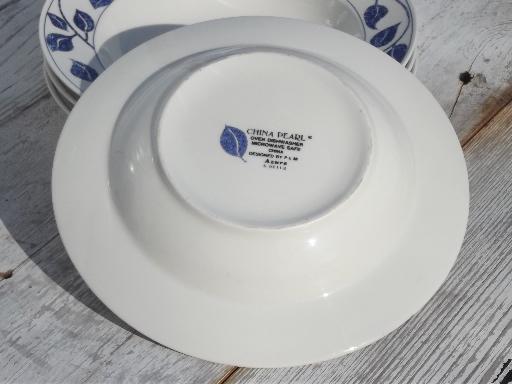 photo of Azure blue Pearl white china soup bowls, blue and white leaf border #4