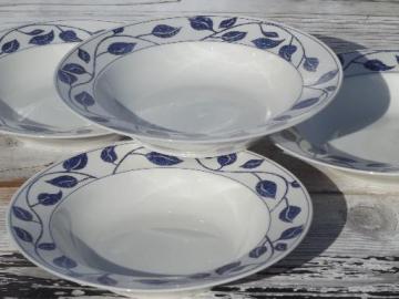 catalog photo of Azure blue Pearl white china soup bowls, blue and white leaf border