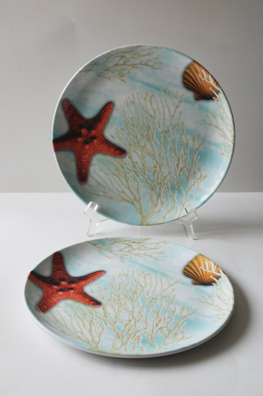 photo of BH&G Walmart melamine dinner plates, coastal beachy sea shells & coral on aqua ocean print  #1