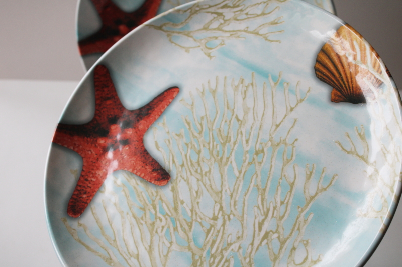 photo of BH&G Walmart melamine dinner plates, coastal beachy sea shells & coral on aqua ocean print #2