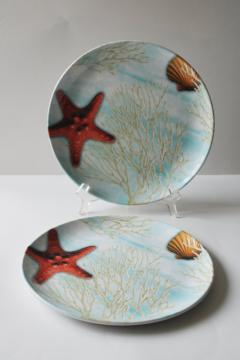 catalog photo of BH&G Walmart melamine dinner plates, coastal beachy sea shells & coral on aqua ocean print 