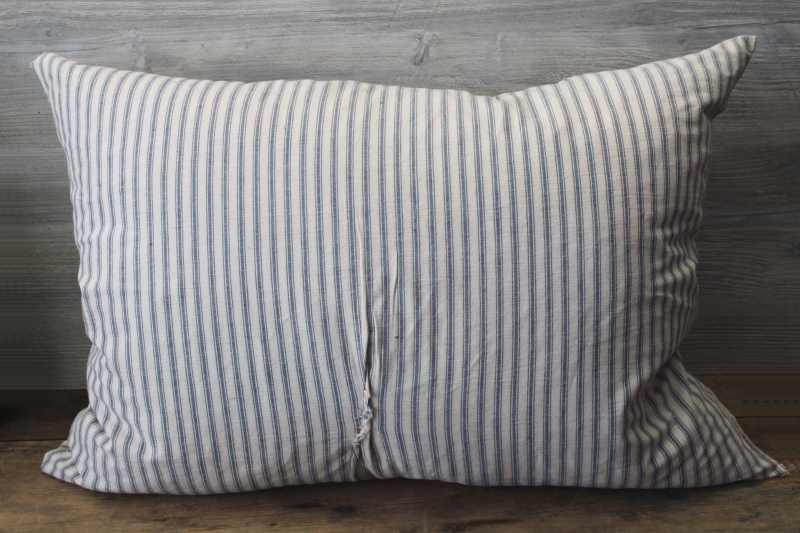 photo of BIG old blue striped cotton ticking feather pillow, rustic primitive mended and worn  #1