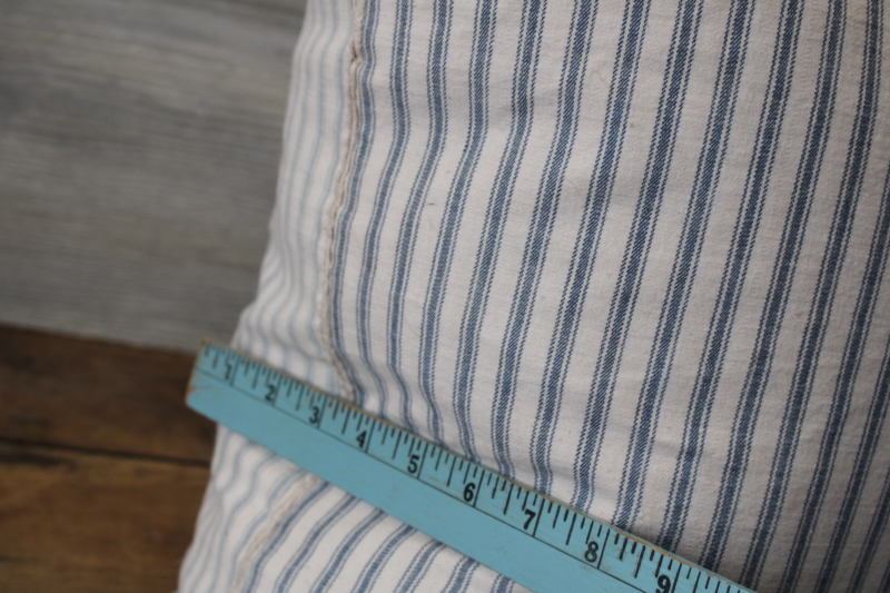 photo of BIG old blue striped cotton ticking feather pillow, rustic primitive mended and worn #2