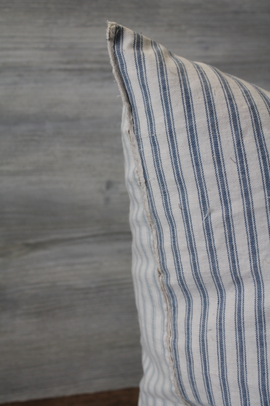 photo of BIG old blue striped cotton ticking feather pillow, rustic primitive mended and worn #3