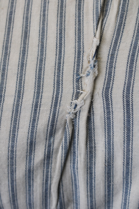 photo of BIG old blue striped cotton ticking feather pillow, rustic primitive mended and worn #4