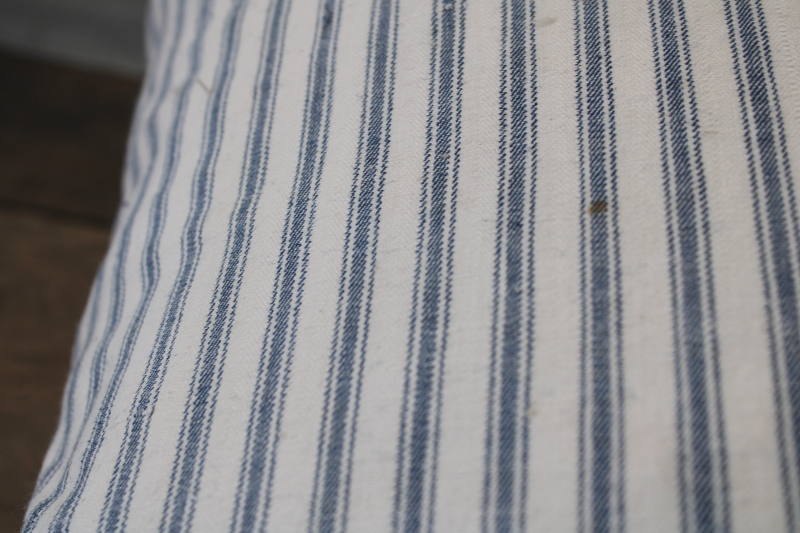 photo of BIG old blue striped cotton ticking feather pillow, rustic primitive mended and worn #5