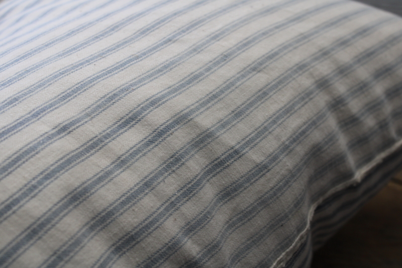 photo of BIG old blue striped cotton ticking feather pillow, rustic primitive mended and worn #6