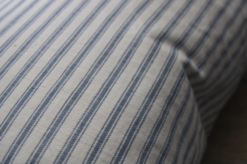 photo of BIG old blue striped cotton ticking feather pillow, rustic primitive mended and worn #7