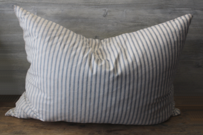 photo of BIG old blue striped cotton ticking feather pillow, rustic primitive mended and worn #8