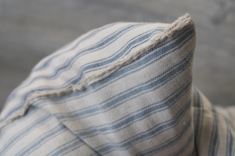 photo of BIG old blue striped cotton ticking feather pillow, rustic primitive mended and worn #9