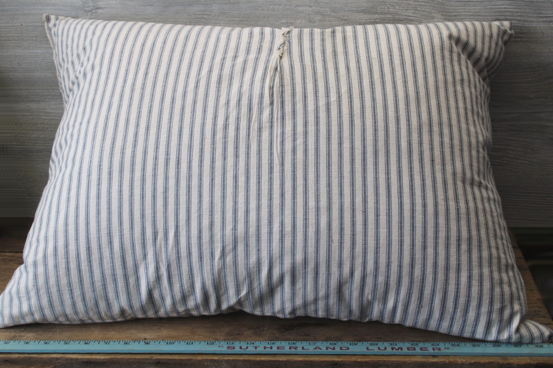 photo of BIG old blue striped cotton ticking feather pillow, rustic primitive mended and worn #10