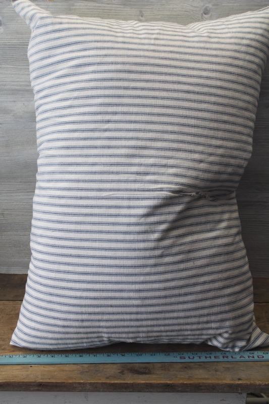photo of BIG old blue striped cotton ticking feather pillow, rustic primitive mended and worn #11