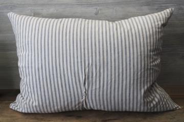 catalog photo of BIG old blue striped cotton ticking feather pillow, rustic primitive mended and worn 