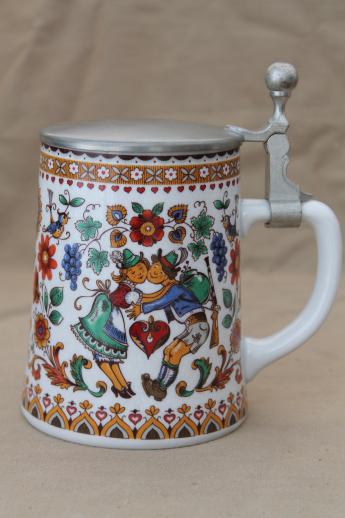 photo of BMF biersiedel beer stein w/ pewter cover, folk art couple in German costume #1