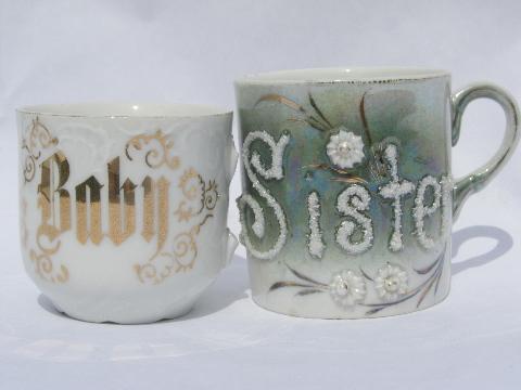 photo of Baby Sister, shabby antique Germany motto china cups for flowers etc. #1