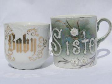 catalog photo of Baby Sister, shabby antique Germany motto china cups for flowers etc.