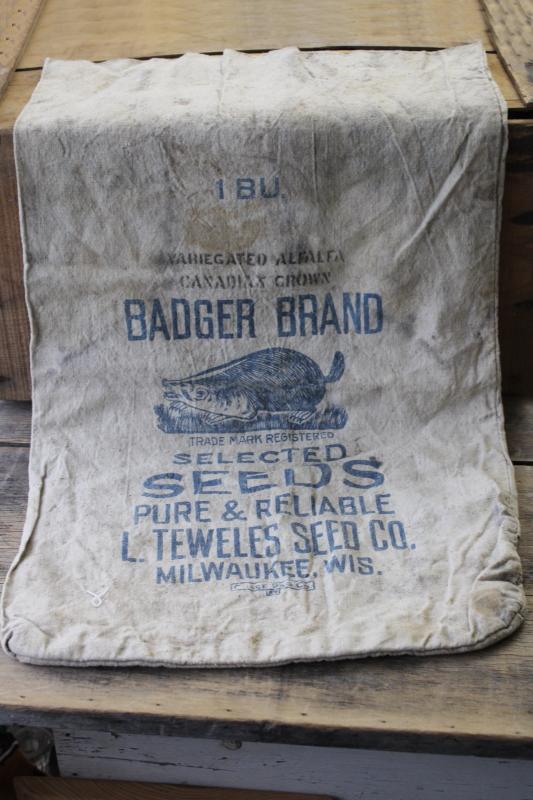 photo of Badger Brand Seeds vintage heavy cotton grain sack w/ old advertising graphics print #1