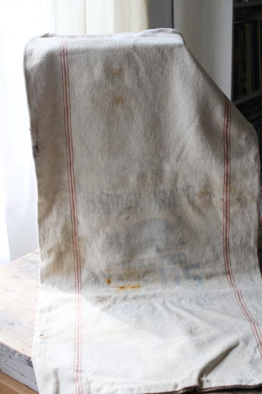 photo of Badger Seeds rust brown striped cotton grain bag, primitive vintage feedsack #1