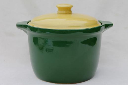 photo of Bake Oven pottery bean pot in primary yellow & green, 40s vintage kitchenware #1