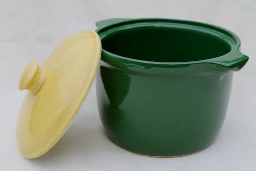 photo of Bake Oven pottery bean pot in primary yellow & green, 40s vintage kitchenware #2