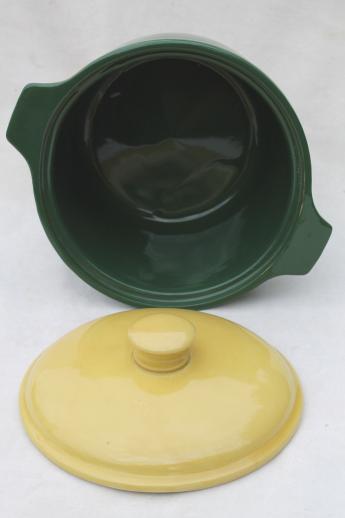 photo of Bake Oven pottery bean pot in primary yellow & green, 40s vintage kitchenware #3