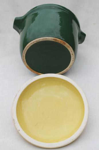 photo of Bake Oven pottery bean pot in primary yellow & green, 40s vintage kitchenware #4