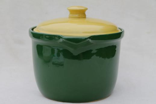 photo of Bake Oven pottery bean pot in primary yellow & green, 40s vintage kitchenware #5